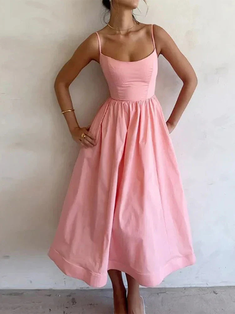 Women's - Strappy Dress - Scoop Neck Solid Colour