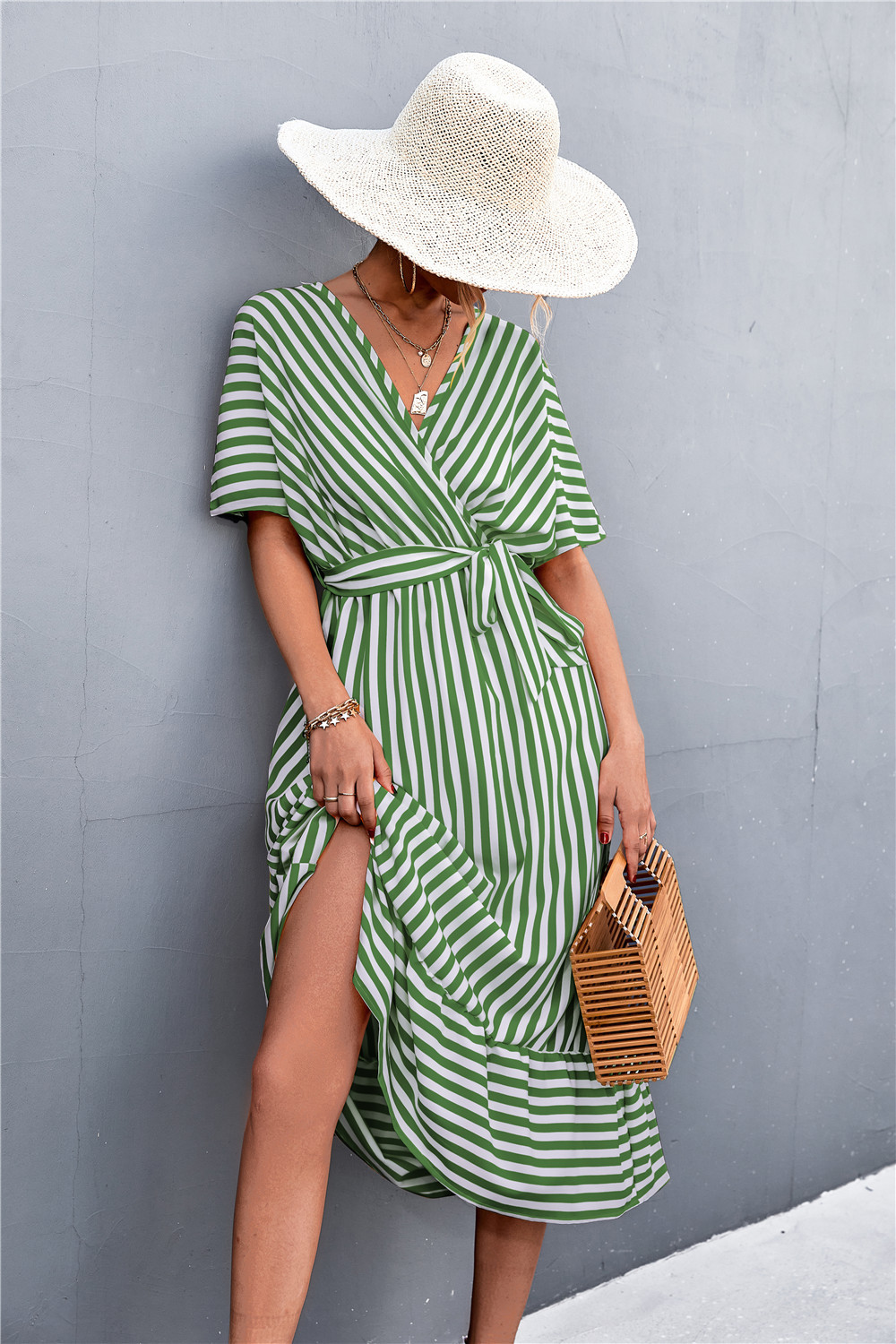 Striped long dress with wrap pattern