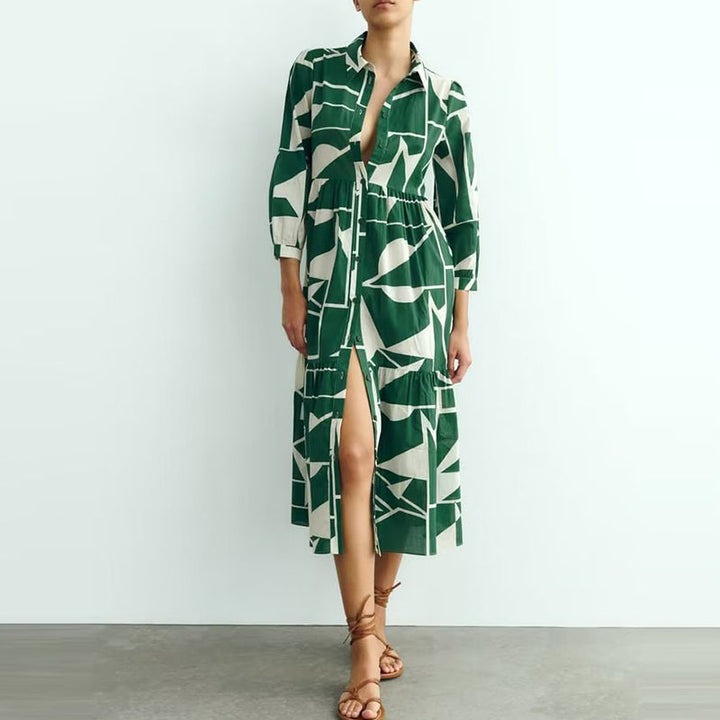 Versatile Geometric Bloc Print Long Shirt Dress