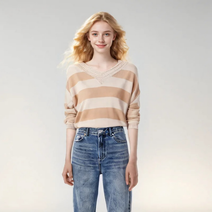 Trendy striped women's jumper with a loose fit - V-neck design