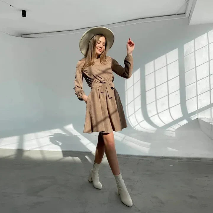 Suede dress with belt and bishop sleeves