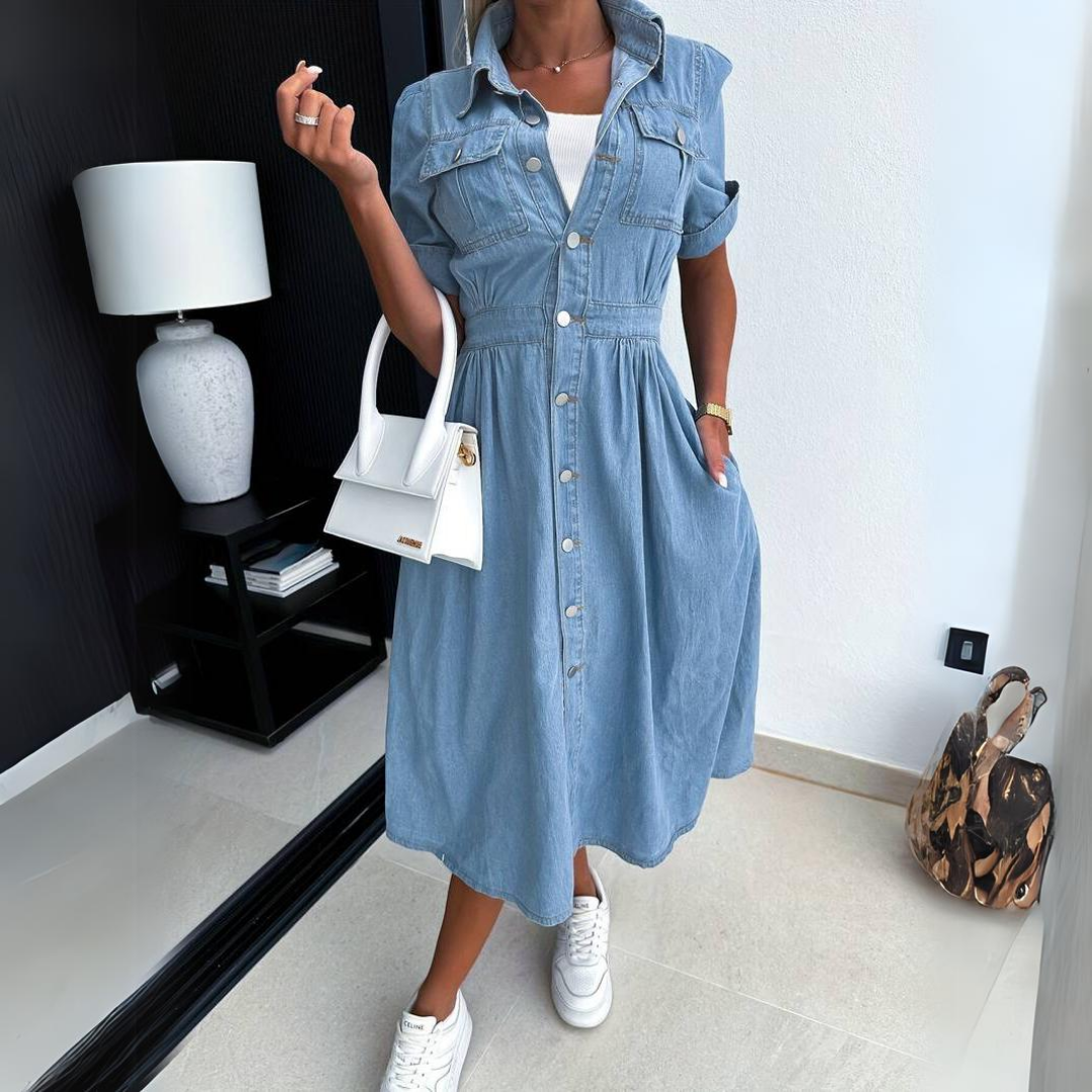 Shirt-style denim midi dress with pockets