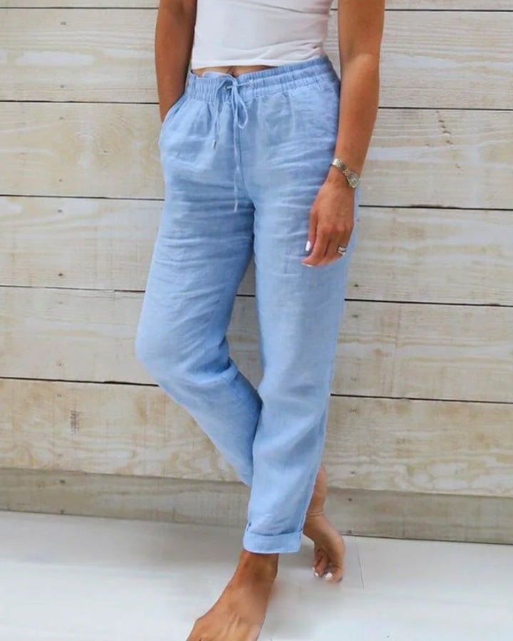 Women's - Linen Trousers - Cotton Blend, Elasticated Waistband - Comfortable Summer Essential
