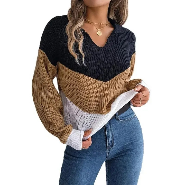 Knitted women's jumper with V-neck, casual colour block