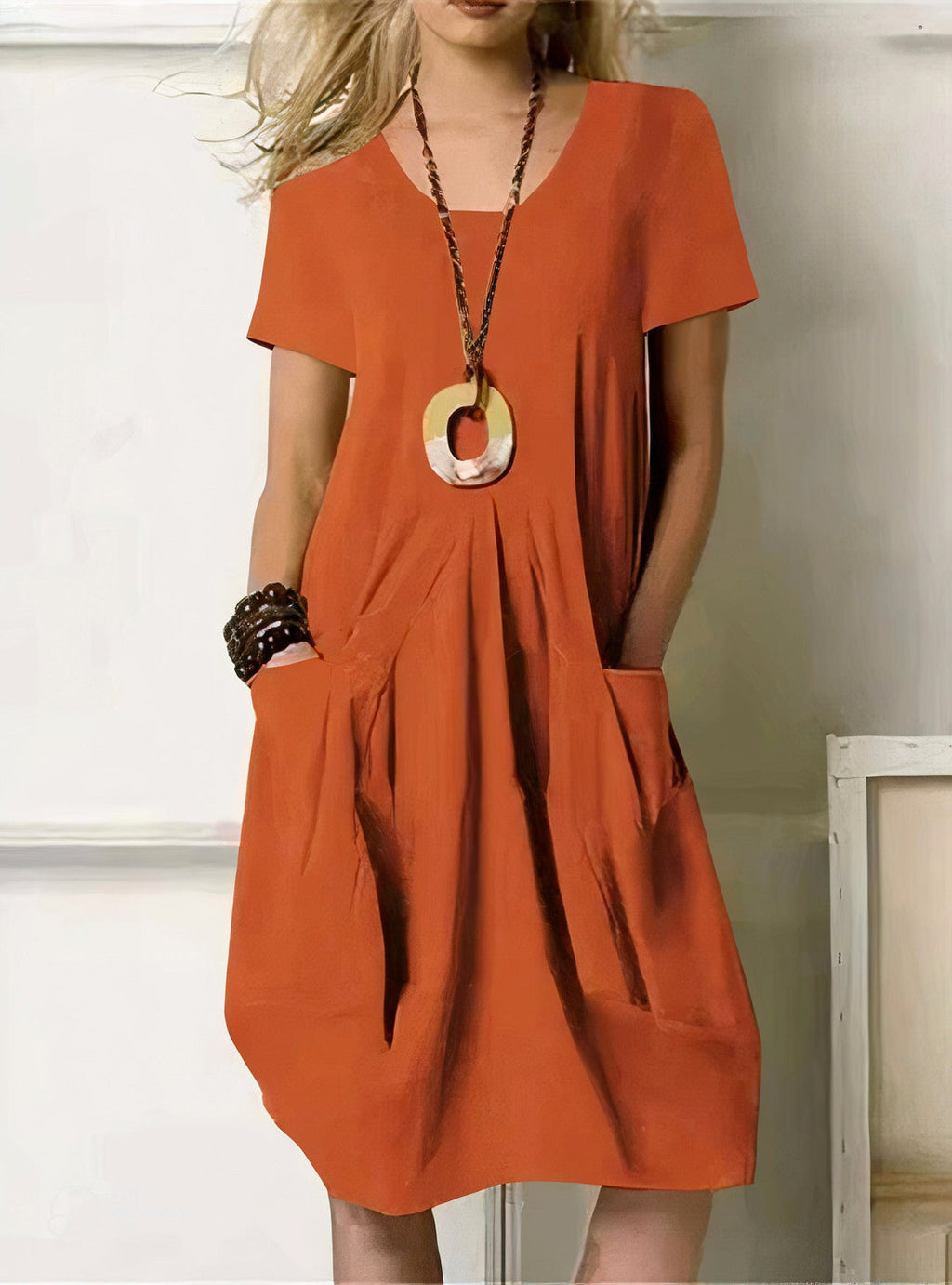 Women's - Casual Loose Fit Short Sleeve Dress with Pockets