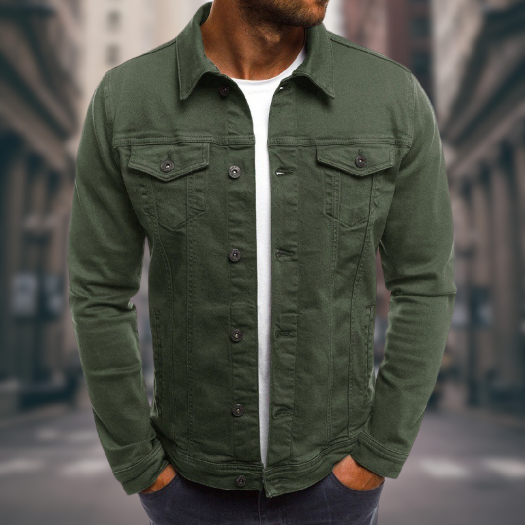 Men's - Classic Fit Stretch Denim Jacket with Button Closure