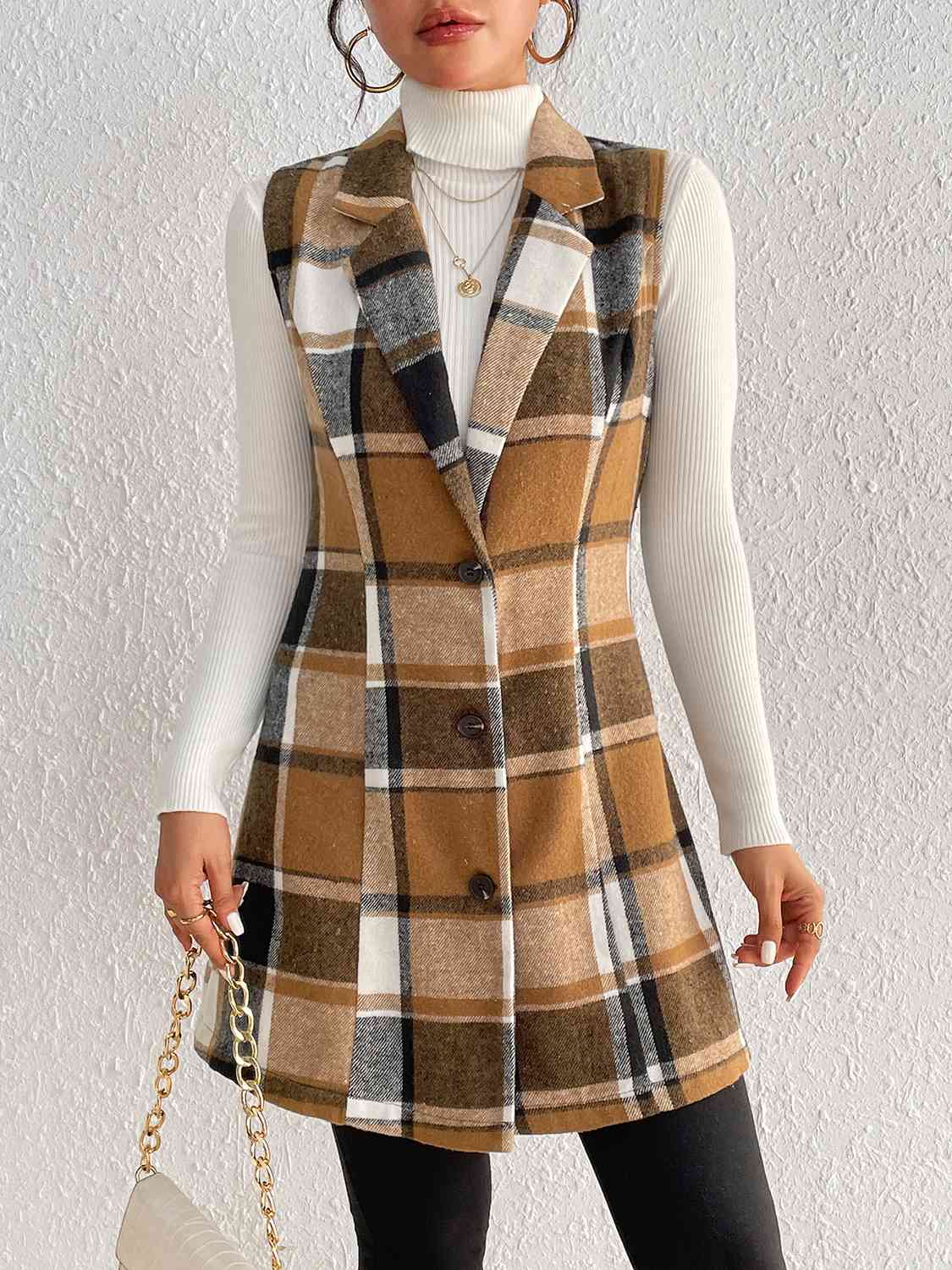 Women's - Chic Plaid Lapel Collar Vest - Stylish Layering Essential