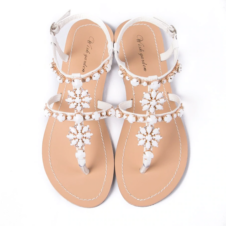 Women's - Shiny cowhide leather T-strap flat sandal - Stylish and Comfortable - Perfect for Casual Summer Occasion