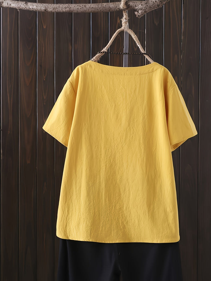 Women's - Oversized Linen Shirt - Casual Short-Sleeved Jumper with Print - Airy & Comfortable Fashion