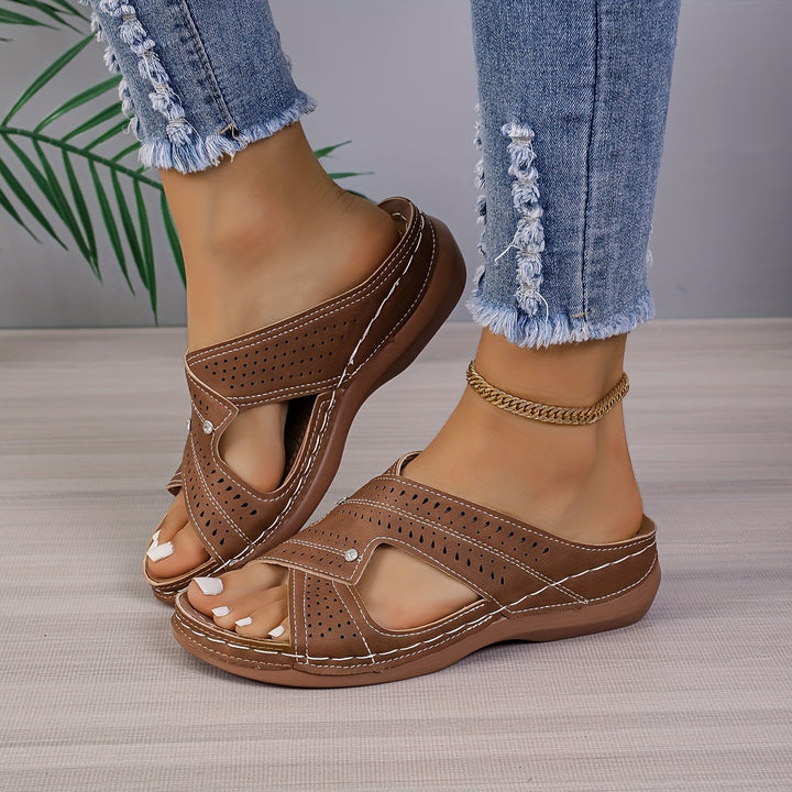Women's - Vintage Flat Slide Sandals - Rhinestone Embellished & Comfortable - Perfect Summer Footwear