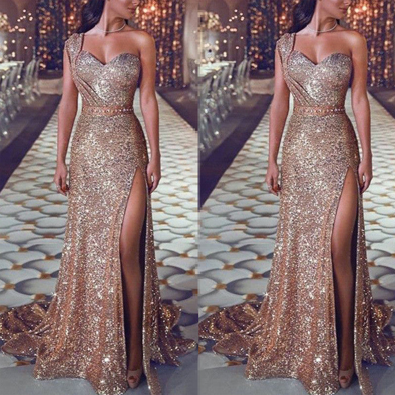 One-shoulder sleeveless bronze dress slit long skirt