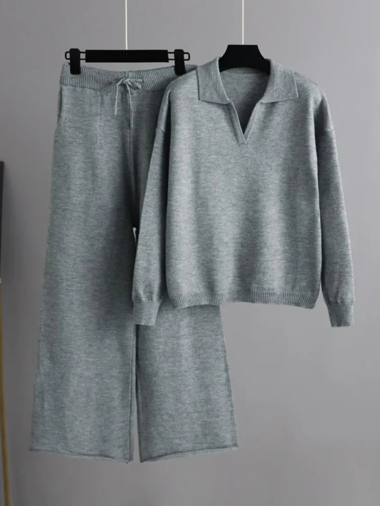 2 piece set ladies oversized tracksuit polo collar jumper and trousers