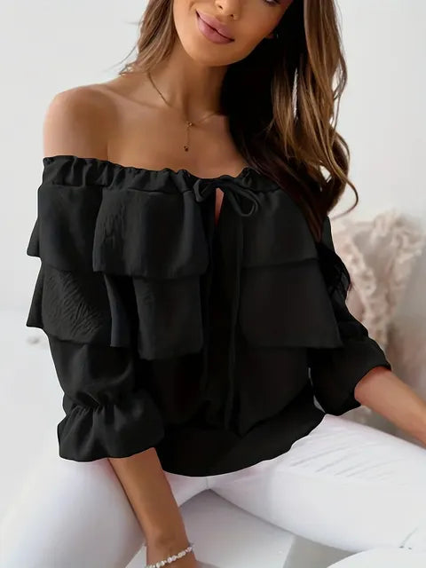 Women's blouse in loose chiffon with off-the-shoulder and flounce edge, elasticated shoulder strap