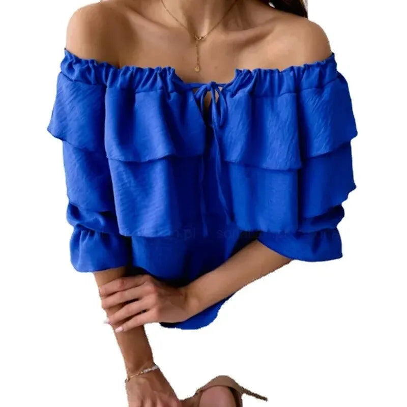 Women's blouse in loose chiffon with off-the-shoulder and flounce edge, elasticated shoulder strap