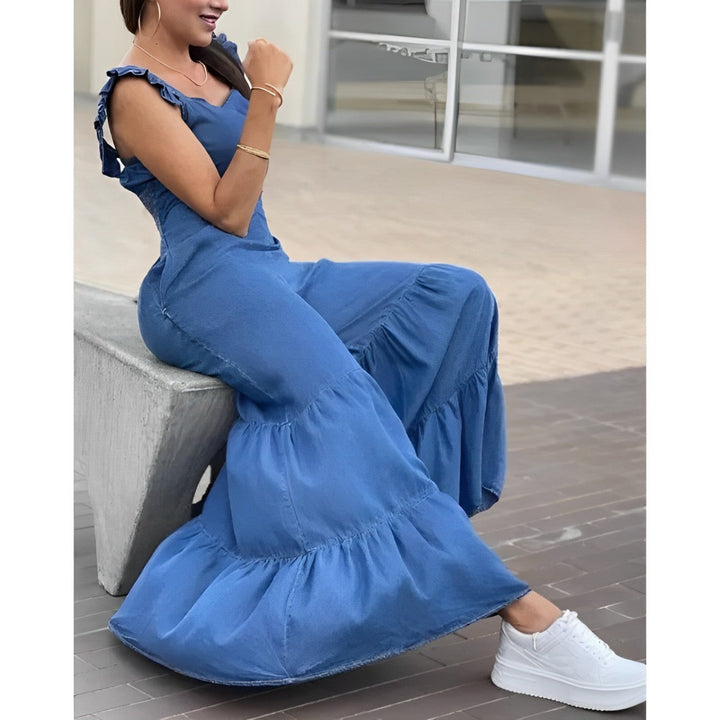 Sleeveless jumpsuit with wide leg and ruffles