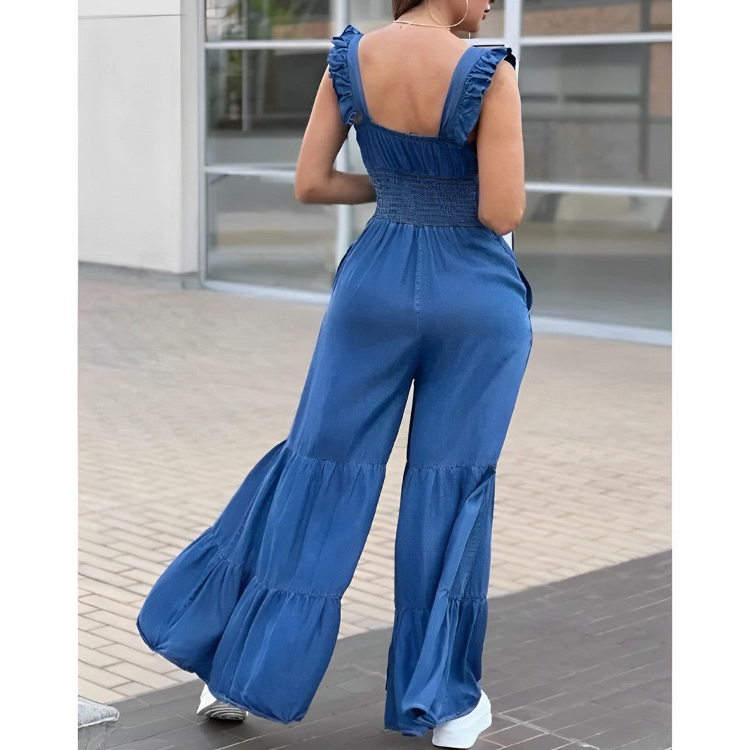 Sleeveless jumpsuit with wide leg and ruffles