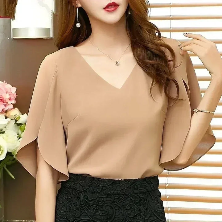 Chiffon blouse with short sleeves and V-neckline