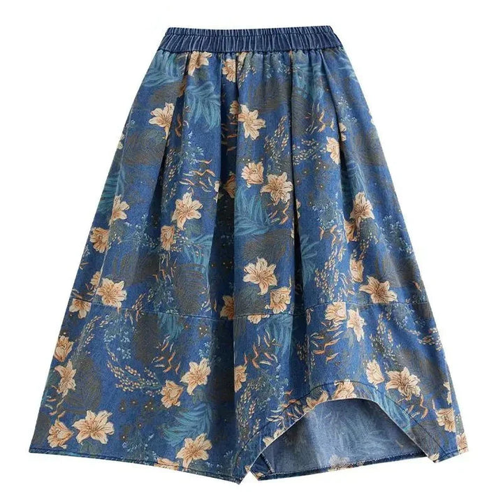 Retro printed floral denim skirt