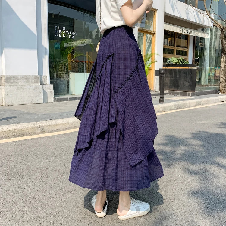 Summer retro chequered long skirt