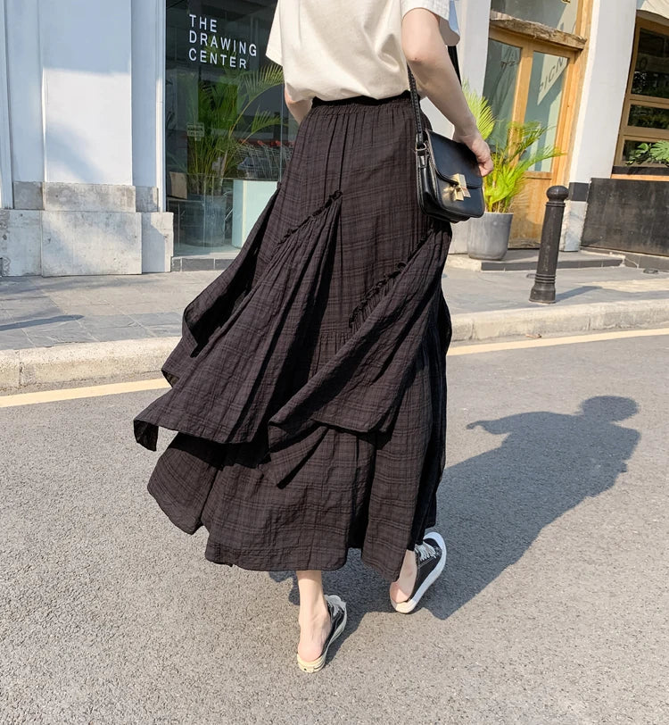 Summer retro chequered long skirt