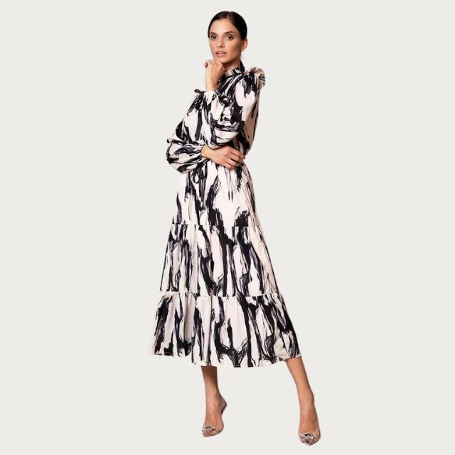 Midi dress with abstract print and tiered skirt