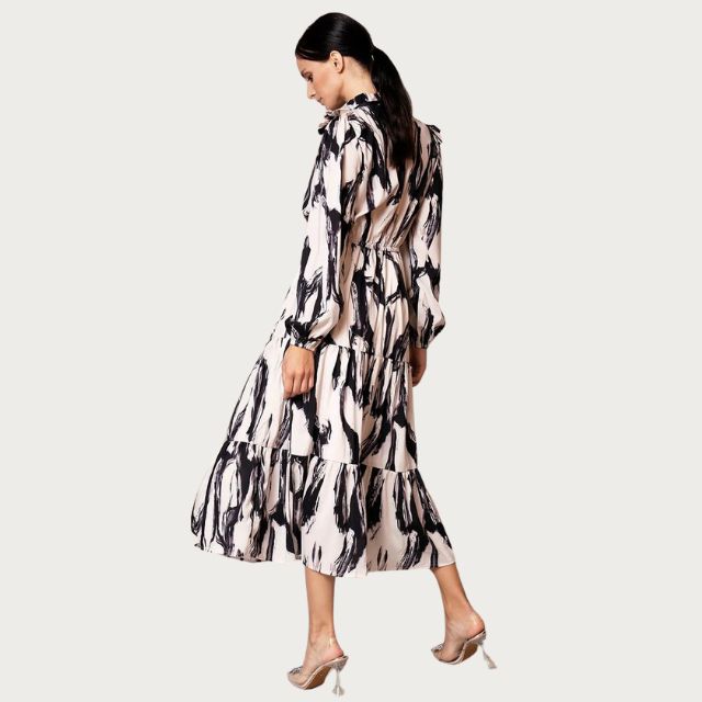 Midi dress with abstract print and tiered skirt