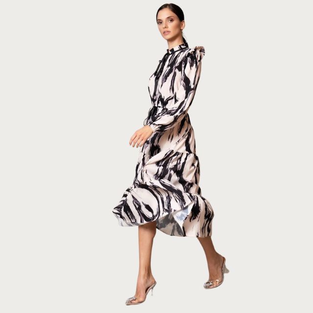 Midi dress with abstract print and tiered skirt