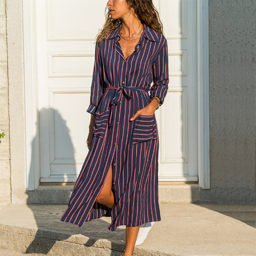 Striped tie-waist button dress