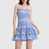 Gathered bandeau mini dress with blue paisley pattern