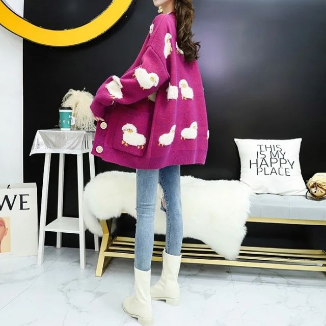 Chunky knit cardigan with sheep motif