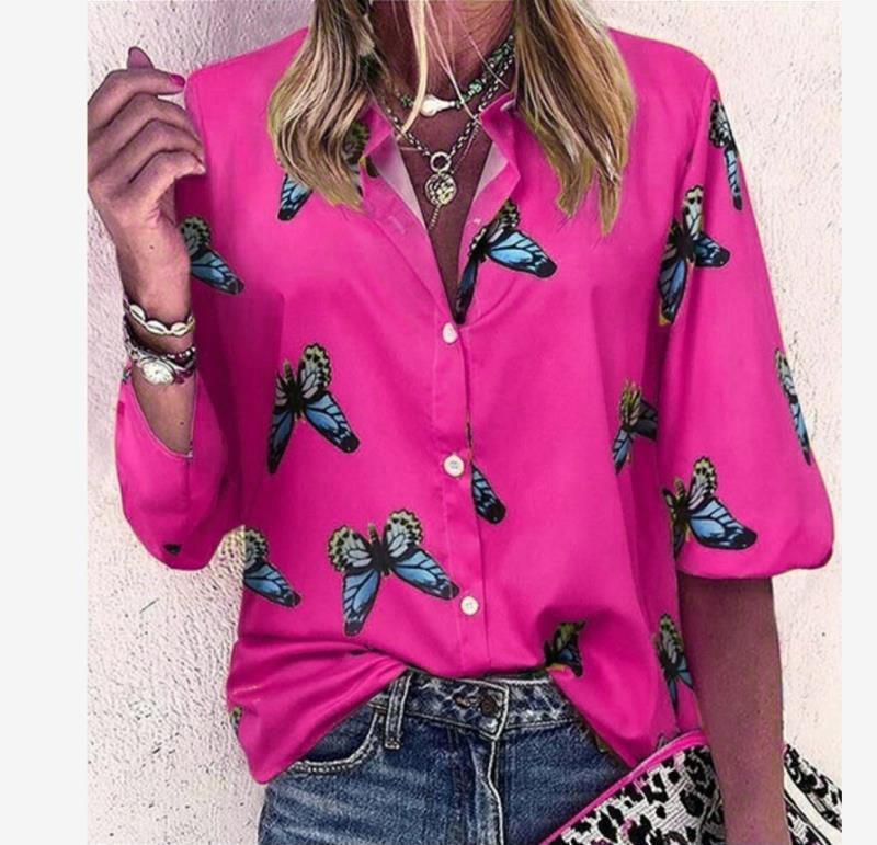 Trendy New Butterfly Print Lapel Blouse Fashion