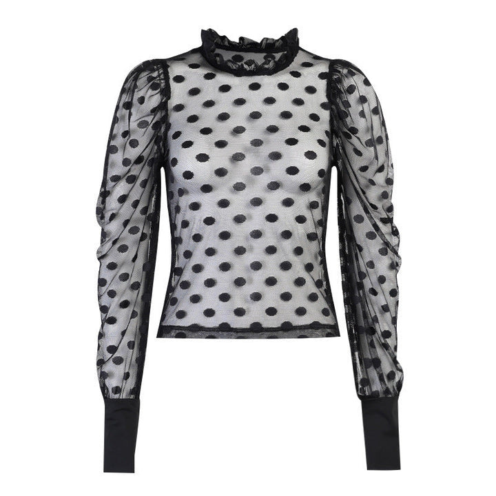 Polka Dot Net Yarn Fungus Side Collar Blouse Women