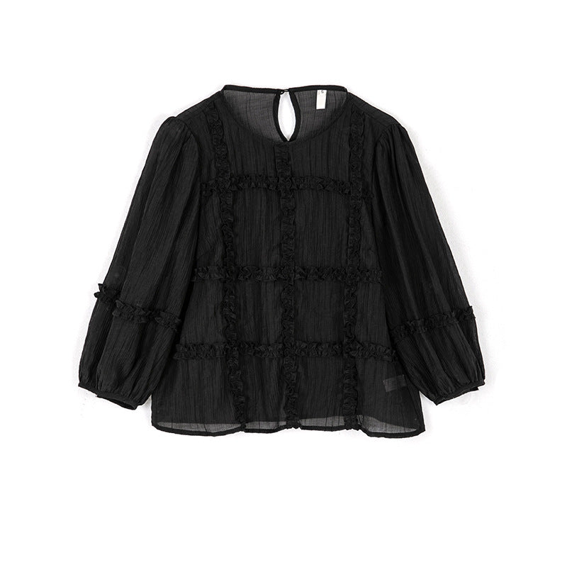 Trendy Mesh Long Sleeve Top Women's Ruffled Blouse