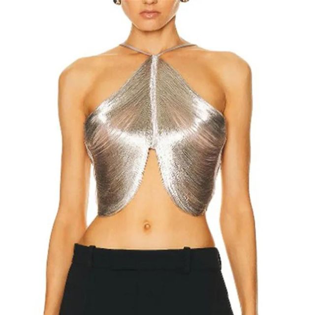 Metallic cross-front halter crop top