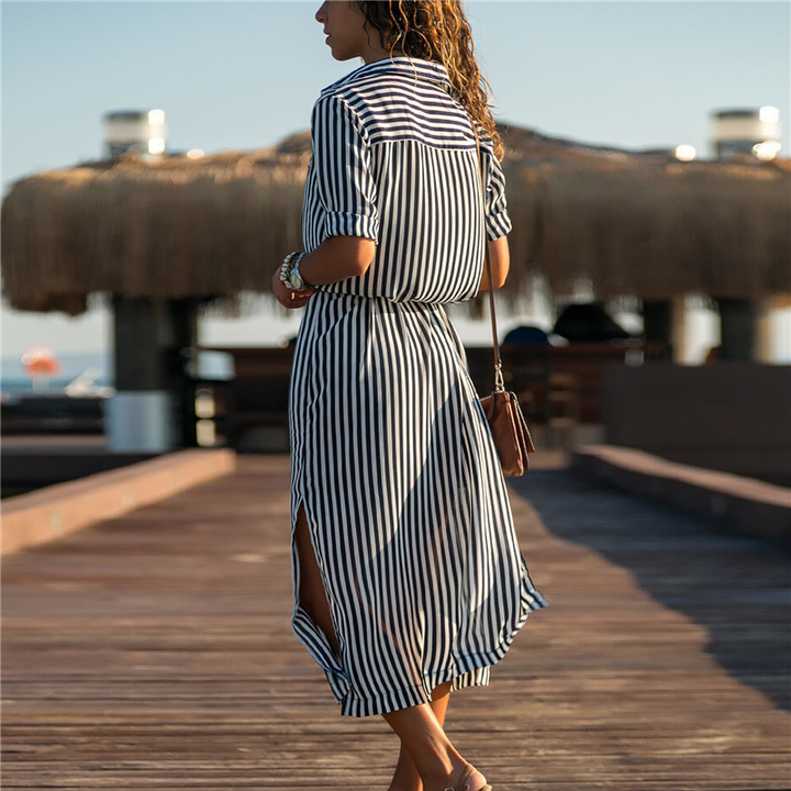 Striped tie-waist button dress