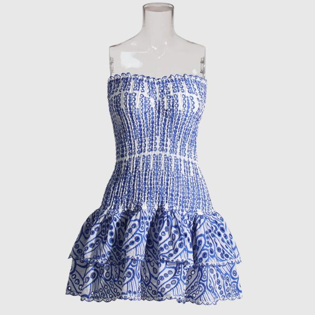 Gathered bandeau mini dress with blue paisley pattern