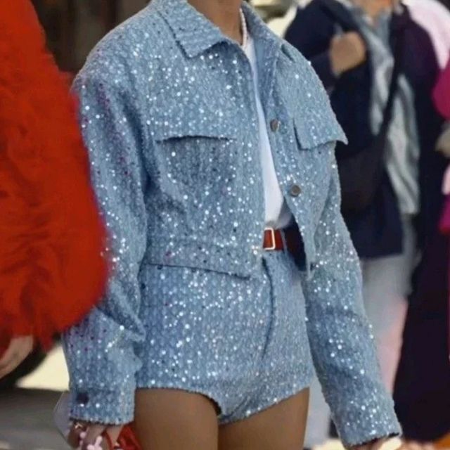 Sequinned denim jacket and shorts set