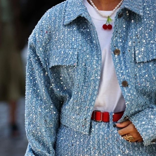 Sequin denim jacket and shorts set