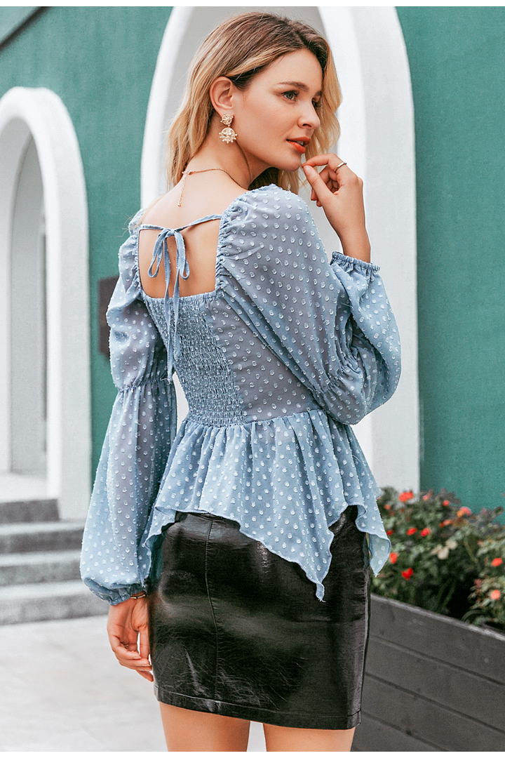 Modern Lantern Square Neck Lace Blouse blue