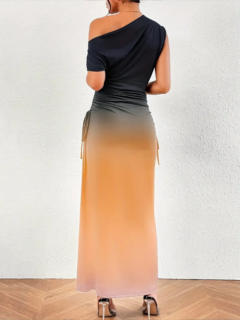 Elegant One Shoulder Dress With Ruffles in Ombre Colour Blocks