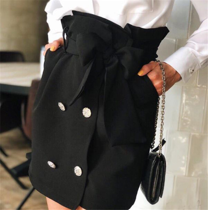 Women Skirt Bow Tie Mini Skirts Sweet Girls Vintage Button