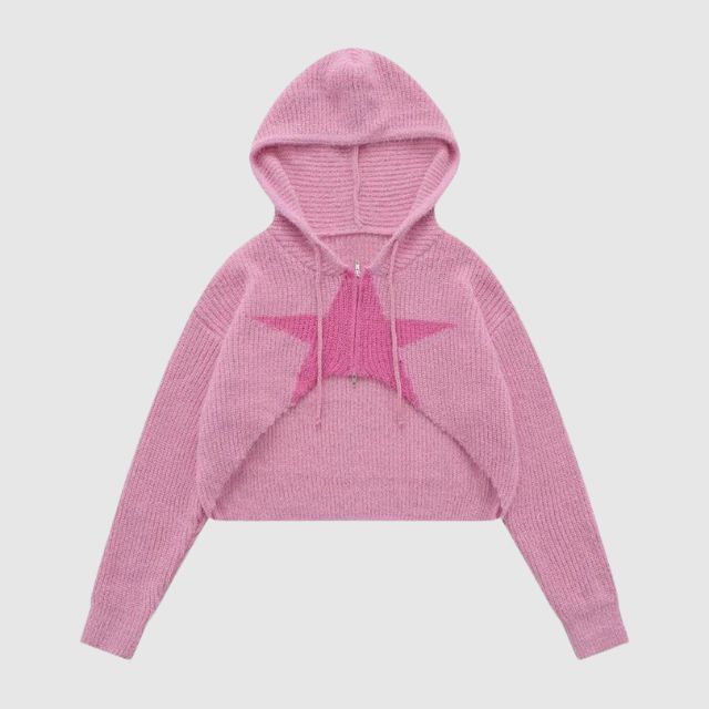 Short knitted hoodie with star pattern