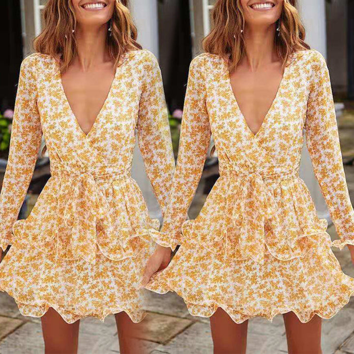 Graceful V-neck chiffon long sleeve print lace dress