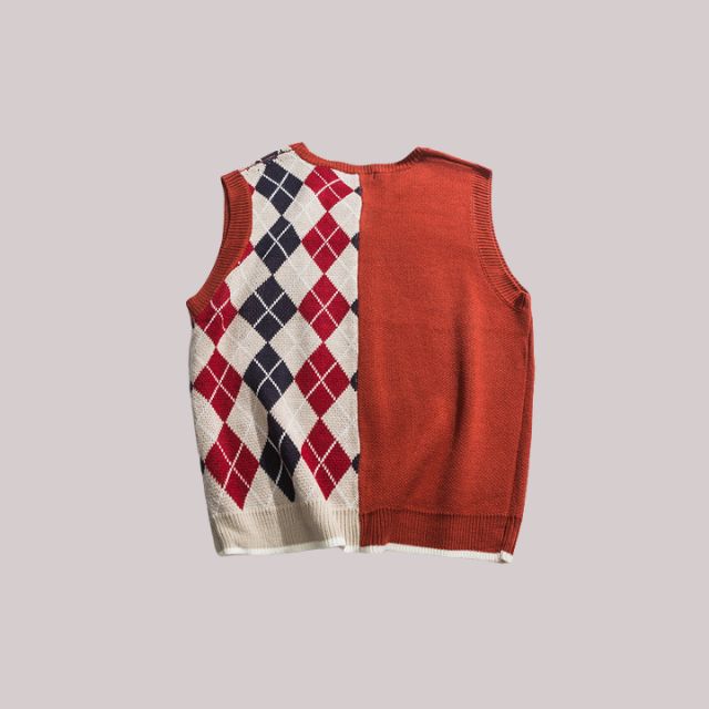 Colour-block knitted waistcoat with diamond pattern