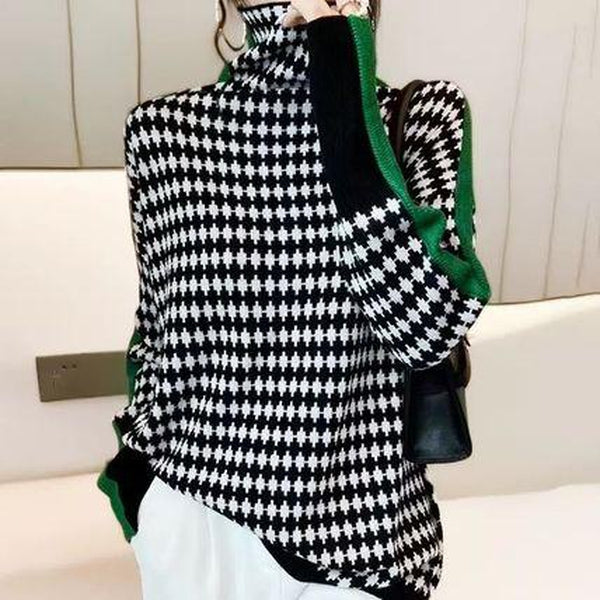 Green striped jumper with a black and white checked pattern