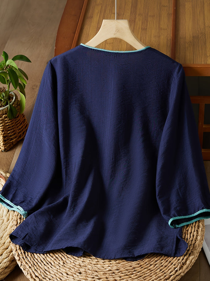 Women's - Linen Shirt - Women's 3/4 Sleeves, Pearl Buttons & Embroidery, Retro Style with Slanted Hem