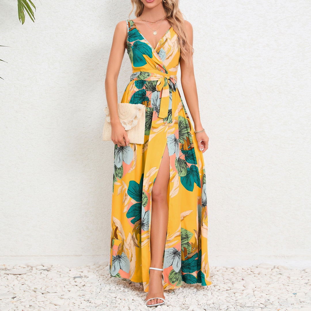 Summer fashion waist tie slit design sleeveless dress