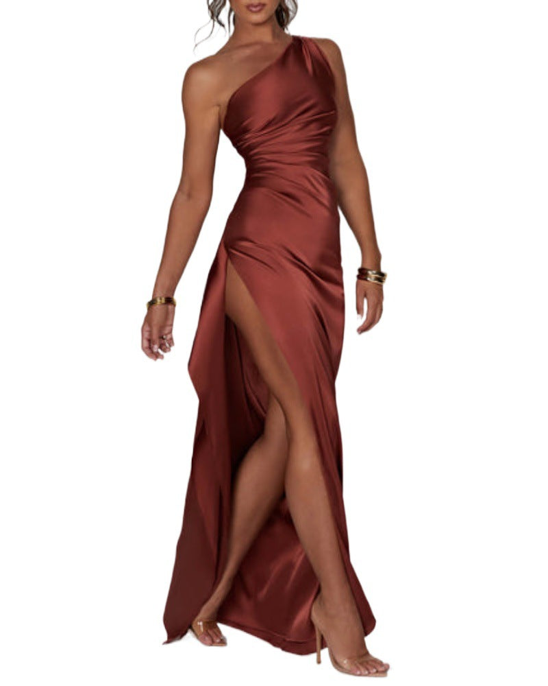 Versatile Summer Slim-fit Slant Shoulder Split Satin Dress