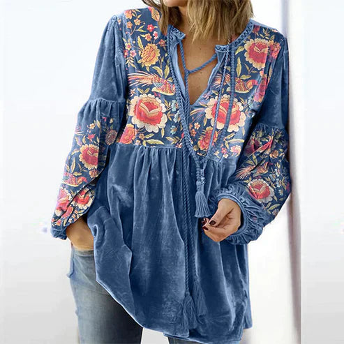 Women's blouse vintage print V-neck long sleeve shirt