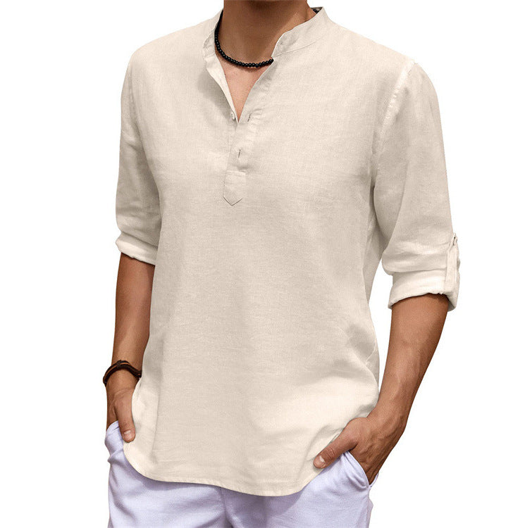 Casual long-sleeved shirt for men in cotton and linen